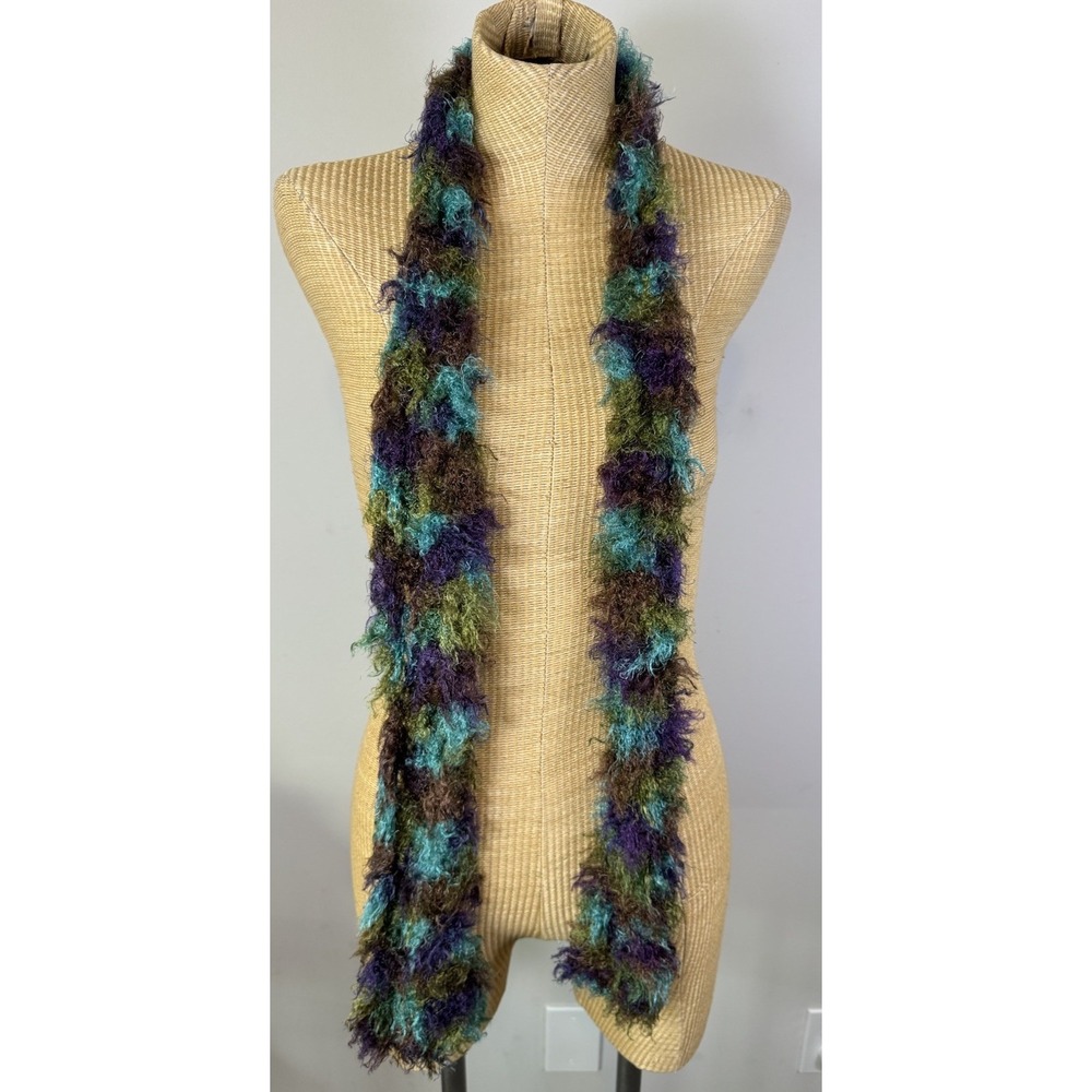 Vtg Y2K Fuzzy Fluffy Eyelash Knit Tube Scarf Teal Purple Green Brown Goth Fairy